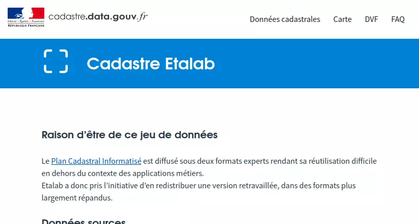 Capture d'écran du site d'Etalab dédiée au Plan Cadastral Informatisé